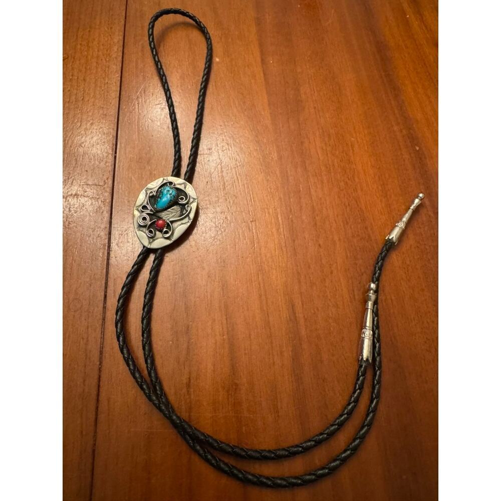 Vintage Sterling Silver, Turquoise & Coral Oval Bolo Tie